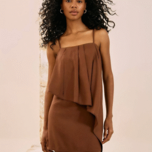 VESTIDO OPEN CURTO LINHO COM BORDADO MARROM