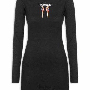 VESTIDO FARM MANGA LONGA BORDADO ARARAS PRETO