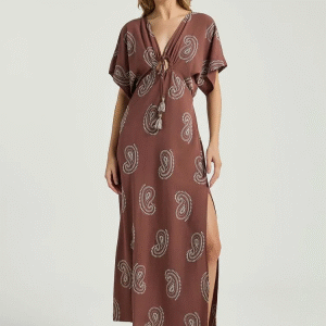 VESTIDO MY PLACE LONGO BORDADO CASHMERES COFFEE